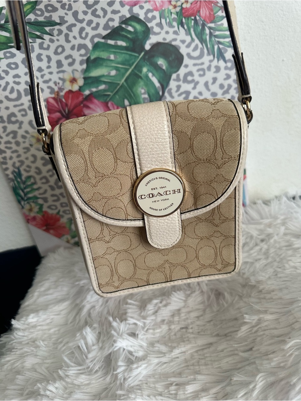 Coach Beige Signature Canvas Crossbody with Cream Trim
